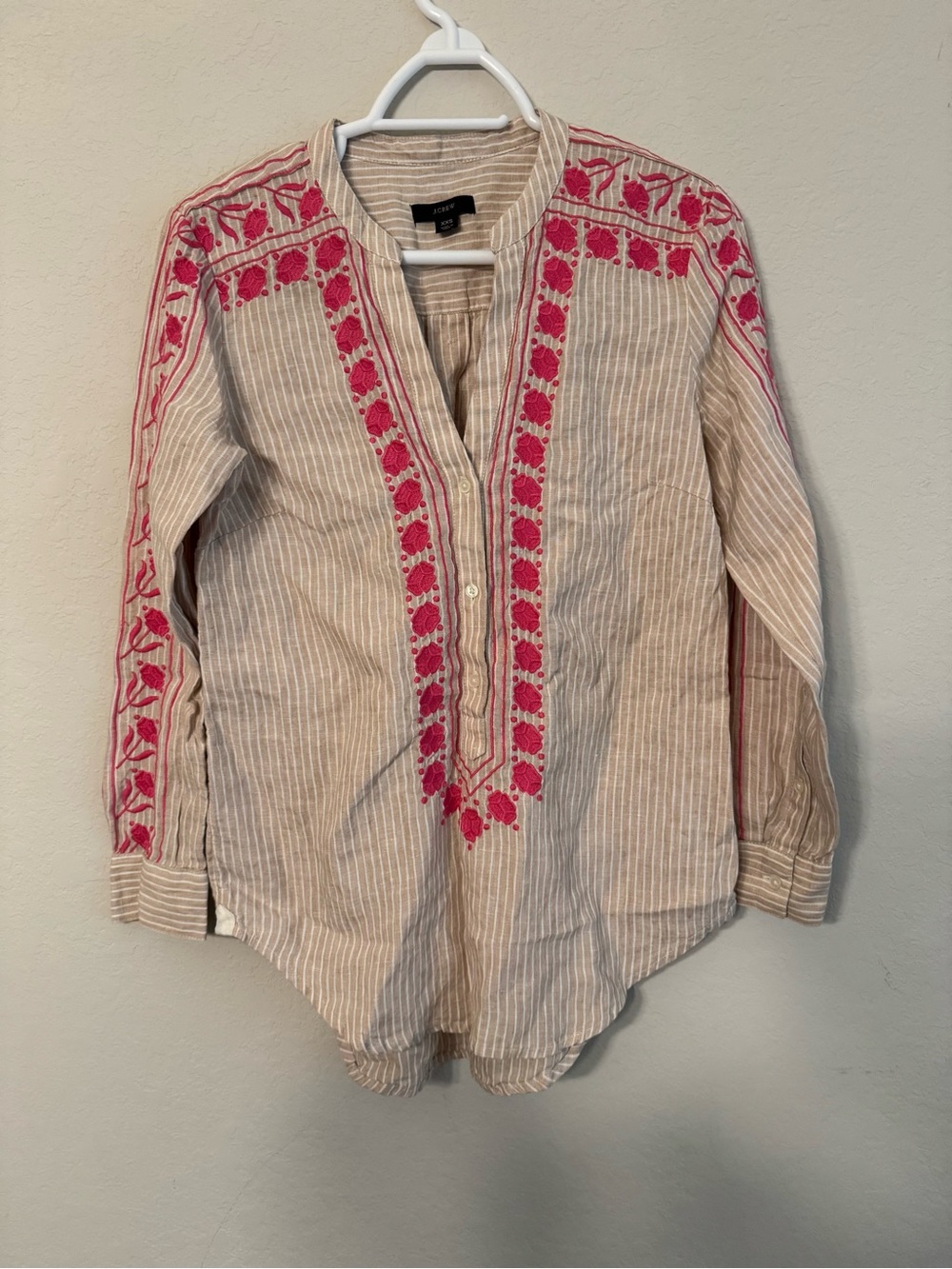 J. Crew Linen Striped Embroidered Top